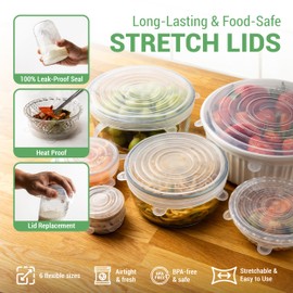 6 PCS Reusable Silicone Stretch Lids for Food Storage- Leakproof, Heat-Resistant- Bowl Covers, Cans, Cups, Glass- Lid Replacement for Round or Rectangular Containers