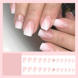 Nude White Gradient Press on Nails Short Square Fake Nails Ombre White French Tip Artificial Nails Diamond Acrylic Glue on Nails Natural Stick on Nails Stick on Nails for Women Girls Daily Wear 24 Pcs