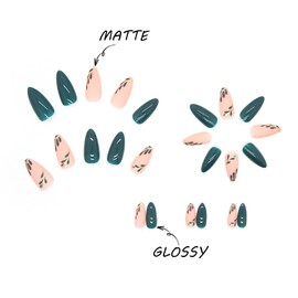 MERVF Almond Press on Nails Medium Fake Nails Green Stiletto Glue on Nails Press ons 24pcs Glossy Matte Spring Acrylic Nails with Leaf Design