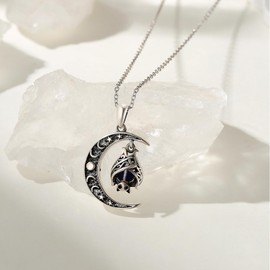 YEESIA Bat for Women Necklace 925 Sterling Silver Moon Moonstone / Cat's Eye Necklace Animal Pendant Necklace Gothic Hypoallergenic Jewellery Gift for Women Daughter, Sterling Silver, Cats Eye