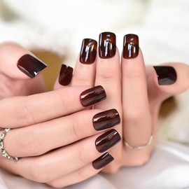 LINSSQ Glossy Soft Gel Brown Press on Nails, Medium Length Square False Nails, Beauty Solid Color Manicure Reusable UV Gel Fake Finger Nail Art for Daily Office Party