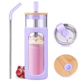 Kodrine 24oz glass tumbler with straw and lid,Iced coffee cup, Leak-proof Lid and Straw,Smoothie Cup With Bamboo Lid,Fit in Cup Holder, BPA Free, Dishwasher Safe (1, Purple)