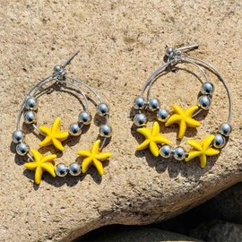 Zeshimb Double Round Circle Dangle Earrings Bohemian Beach Starfish Beaded Hoop Earrings Sliding Round Beads Starfish Drop Earrings Large Open Circle Hook Earrings Hawaiian Jewelry for Women Girls,