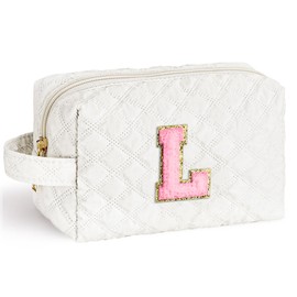 YOOLIFE Makeup Bags for Teens Gifts - Toiletry Bag Cotton Checkered Letter Makeup Bags for Women Cosmetic Bag Travel Must Haves Travel Makeup Bag Small Makeup Bag Daughter Sister Gifts White Letter L