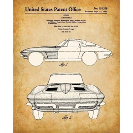 Original Corvette Patent Art Prints - Set of Four Photos (8x10) Unframed - Makes a Great Man Cave Decor and Gift Under $20 for Corvette Owners and Car Enthusiasts