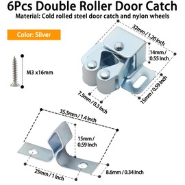 Cjueiom 6 Pack Double Roller Catch Cabinet Latches, Silver Zinc Plated Cabinet Wardrobe Latch with Spear Strike, Cold Rolled Steel Cupboard Door Catch Latch for Home Furniture Closet Door