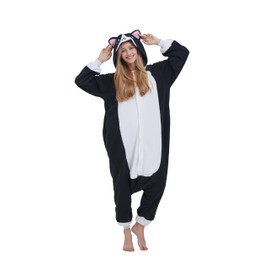SimZoo Animal Onesie Pajamas for Adults, Animal Cosplay Costume Sleepwear for Men and Women, One Piece Unisex Housewear, black cat
