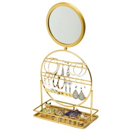 EXCELLO GLOBAL PRODUCTS Free Standing Tabletop Jewelry Organizer with Mirror: Bracelet, Necklace & Earring Storage Display for Bedroom or Vanity (Gold)