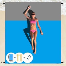 NiKiBysh Outdoor pocket Blanket Extra Large Beach Blanket Sandproof 82″x 78″for 4-6 Adults Compact Foldable Quick Drying Lightweight Picnic Blankets Waterproof with 4 Stakes & Bag (Blue+Grey)