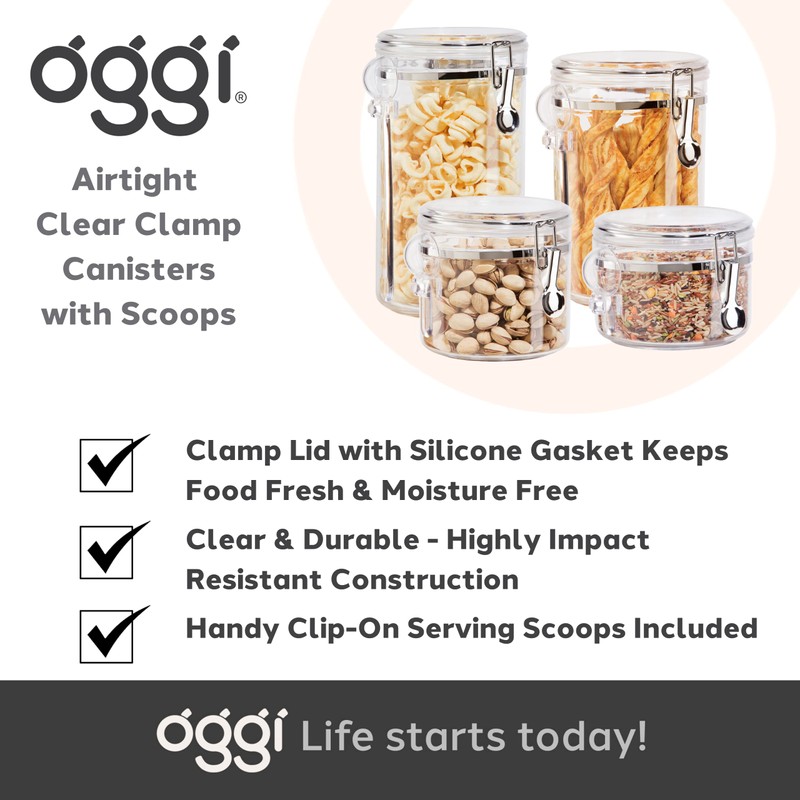 OGGI Clear Canister Airtight 28oz - Clamp Lid & Spoon