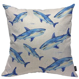 HOSNYE Watercolor Great White Shark Cotton Linen Throw Pillow Case Cartoon Blue Shark Ocean Pillow Cushion Covers Home Sofa Decorative 18 X 18 Inch