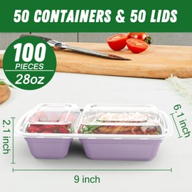 50 Pack (100-Piece) 28 oz Meal Prep Containers Reusable with Lids 2-Compartment, Sturdy Leakproof Food Safe, Microwave Freezer Dishwasher Safe, To Go Take Out Plastic Food Storage, Lilac