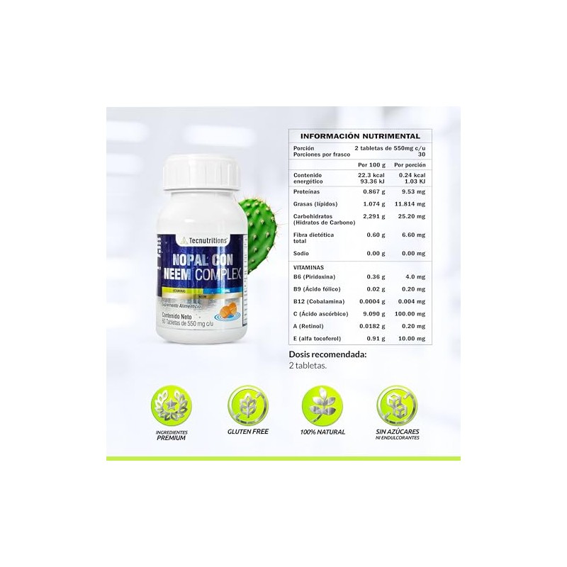 Nopal con Neem Complex Suplemento Alimenticio con Canela y Vitaminas