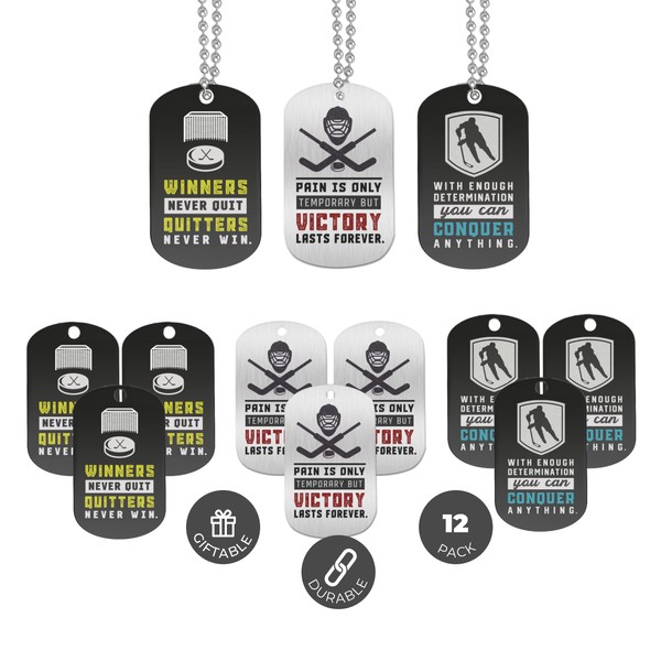 Inkstone Hockey Dogtag Necklaces | Motivational Sayings Pain is Only Temporary But Victory Lasts Forever | (12 Pack) | Encouraging Gift for Students, Teams, Players, 12 Count (Pack of 1), Metal, No Gemstone