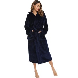 Vlazom Ladies Dressing Gowns, Fluffy Super Robe Comfy Flannel Bathrobe Plush Fleece Hooded Robes for Winter,Navy-with Hooded,L(UK16-18)