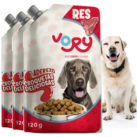 VORY Aderezo Nutritivo para Croquetas de Perros - Aceite de Pescado y Probóticos - Suplemento con Vitaminas y Omega 3 - Sabor 3X Res para Todas Las Razas - Sobres de 120ml