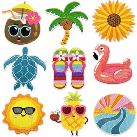 9 PCS Summer Iron on Patches,Kawaii Cartoon Iron On Patches，Vintage Hippie Retro Aesthetics Appliques，Embroidered Beach Hawaiian Sew On/Iron on Patches for Backpacks,Jeans,Jackets,Clothes DIY Craft