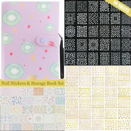 90 Sheets 3D Nail Art Stickers&Nail Decals Storage Book Set, 5D Self-Adhesive Floral Summer Nail Stickers with Rhinestones Nail Designs, Gold Nail Art Decals for Women Girls DIY Manicure Decoration