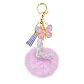 SELOVO Girls Butterfly Purple Fluffy Ball Keychain Initial K Key Chain for Women