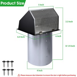 4 Inch Hooded Wall Vent with Screen and Damper,Outdoor Dryer Vent Cover for 4 inch Pipe,Wall Exhaust Vent Cover Cap External Extractor for House Ventilation&Outside Air Exhaust,Galvanized Steel,Black