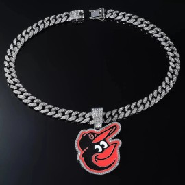Baltimore Orioles GEM NECKLACE Gold/Silver Bling Hip Hop Pendant & 24'' Chain - Silver