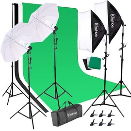 YYAO Photography Lighting Kit Softbox Umbrellas Photography Light Bulbs Studio Lights Photo Backdrop Stand Kit 3 Color (Black & White & Green) 6.6 x 10 ft Background Screen,with Carry Bag