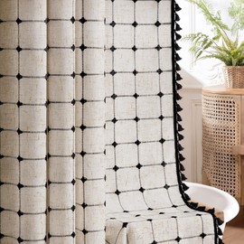 NDDYCU - Cortina de ducha con textura de lino con patrón bordado negro y borlas para baño, 72 pulgadas de ancho x 72 pulgadas de largo