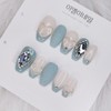 Sky Blue Lovely Chain Heart Handmade Nail Tips - Short