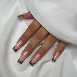 24 Pack Leopard Square Press-On Nails with French Tip - Includes False Nails, Glue, Jelly Glue, Nail File, Alcohol Swab, and Orange Stick