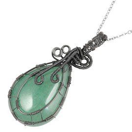mookaitedecor Natural Green Aventurine Healing Crystal Wire Wrapped Pendant Necklace for Women Men, Water Drop Vintage Semi Precious Gemstone Quartz Crystal Necklace Jewellery Gift