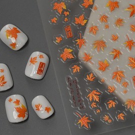 Fall Nail Stickers Maple Leaf Nail Sticker for Nails Art Orange Nail Decals with Design 5D Self Adhesive Autumn Leaves Nails Decals for Women Girls Kid Thanksgiving Manicure DIY Decoration Accessories