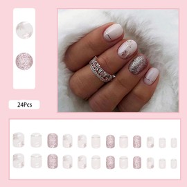 Christmas Press on nails Short Oval Fake Nails with Snowflake Designs Glitter False Nails White Cute Glue Nail Xmas Winter Acrylic Nails for Women and Girls Manicure 24Pcs