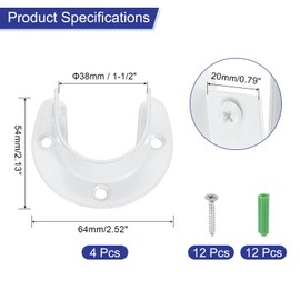 sourcing map 4 Pcs 38mm / 1-1/2" Inch Closet Rod Bracket Stainless Steel U-Shaped Rod Socket Flange Closet Rod Holder for Closet Rod, White