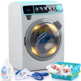 Kids Toy Washing Machine, Realistic Pretend Play Appliance for Girls, Interactive Toy Dollhouse Furniture, Play Washer and Dryer Playset with Spinning Drum, Light & Sound Effects, Laundry Basket Set