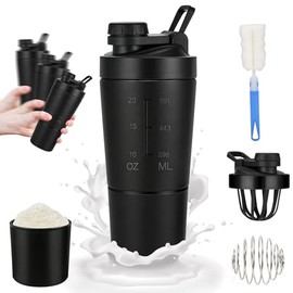Yakiter 600ML Botella para Proteina de Coctelera,Vaso Proteina Shaker de 304Acero Inoxidable,con Almacenamiento de Proteina Desmontable y Mezclador,Vaso Mezclador de Proteínas Apto para Deportes,Negro