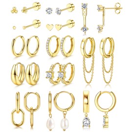 YADOCA Small Gold Hoop Earrings Set for Women 14k Gold Plated Dainty Huggie Hoops Flat Back Stud Earrings Hypoallergenic Pearl Chain Cartilage Earring Stacks for Gift 13 Pairs