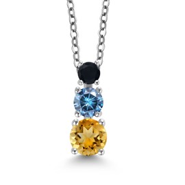 Gem Stone King Yellow Citrine Persian Blue Moissanite Black Onyx 3 Stone Pendant Necklace For Women (1.06 cttw, Gemstone Birthstone, Round 5MM, 4MM and 3MM, with 18 Inch Chain)