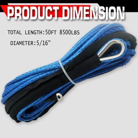 Synthetic Winch Rope 5/16" x 50ft 8500 LBs with Black Protective Sleeve and Sheath for 4x4 Off Road Atvs Winches ATV UTV SUV Truck Boat(Blue)