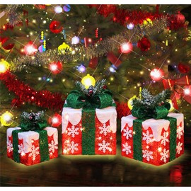 XMASLAND [Large 10"-8.5"-6.5" 3 Pack 70LED Christmas Lighted Gift Boxes Christmas Decorations for Indoor Outdoor Christmas Tree Skirt Ornament Garden Pathway Holiday Party-Warm White with Flashers