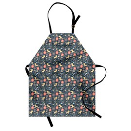 Lunarable Cartoon Apron, Pattern of Theme Kitten Cats Flowers Fish Animals Repetition, Unisex Kitchen Bib with Adjustable Neck for Cooking Gardening, Adult Size, Dark Blue Multicolor