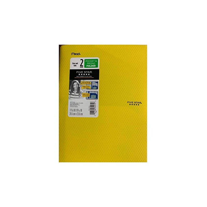 Mead Plastic Five Star Stay-Put 2-Pocket & 3-Prong Folder, Yellow