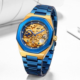 BOSNI Fashion Blue Stainless Steel Automatic Mechanical Wristwatch Luxury Diamond Tourbillon Skeleton Watches for Men (FOR8202),FOR8202-Gold Blue