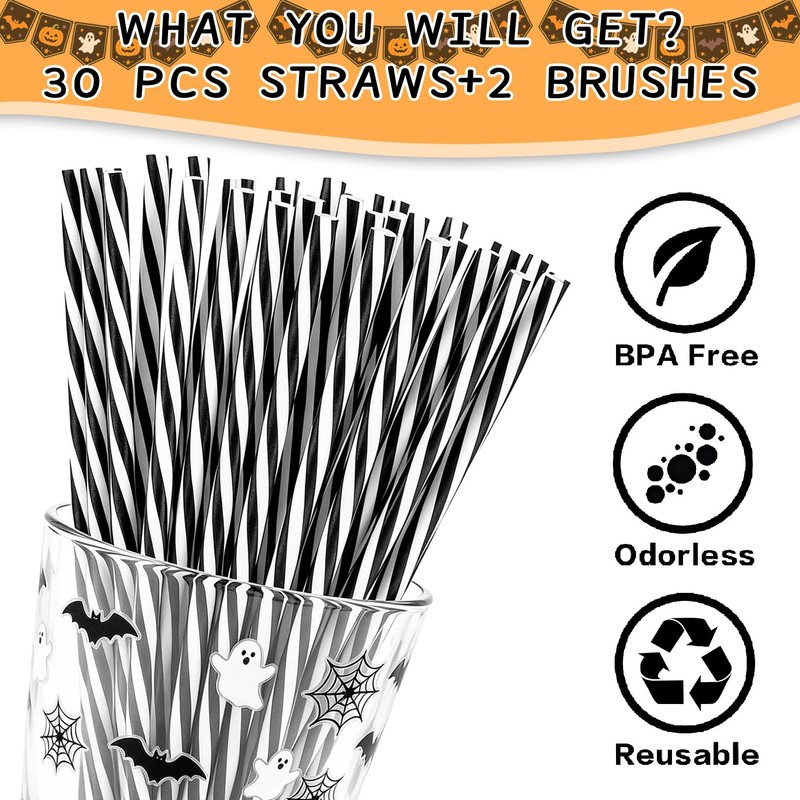 Reusable 30 Black White Striped Straws for Graduation Party,Halloween Favor