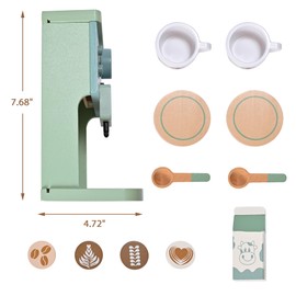 MONT PLEASANT Kids Wooden Toys Toddler Pretend Play Kitchen Accessories Green Coffee Maker Espresso Machine Playset Montessori Kitchen Toy Gift for Girls and Boys