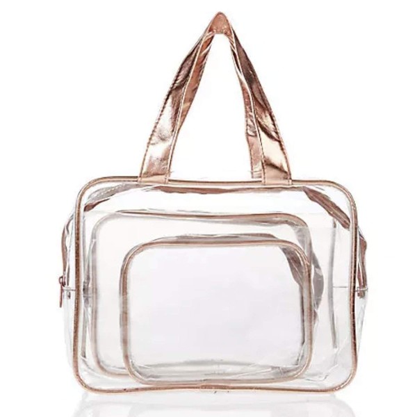 Metallic Gold Clear Transparent 3pc S,M,L Bag Set Cosmetic Makeup Wash Pouch Toiletry Cases PVC Clear Cubed Storage Organising Tote Bag HUNYLONDON for Airport Holiday Luggage Travelling