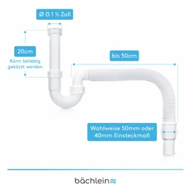 Bächlein Flexible Pipe Siphon for Kitchen Sink, Odour Trap without Device Connection, Siphon for the Kitchen Sink, Made in Germany