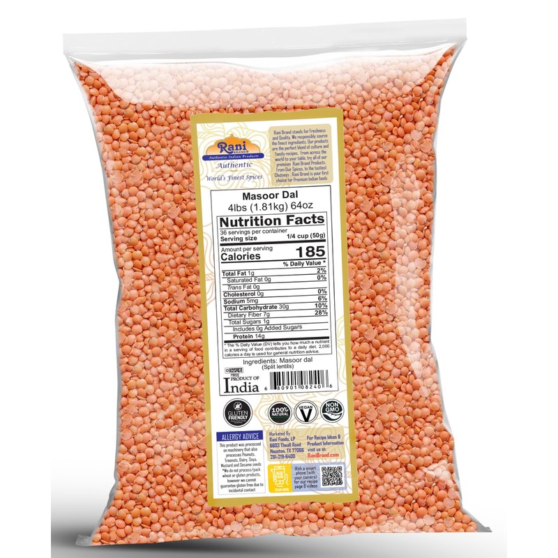 Rani Masoor Dal (Indian Red Lentils) Split Gram, 64oz (4lbs)