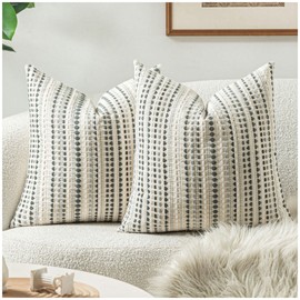 Zealax Neutral Throw Pillow Decorative Farmhouse Pillow Covers for Couch Bed Living Room, Soft Cotton Textured Cushion Cover Striped Pillowcases Set of 2, 20x20 Inch, Grey