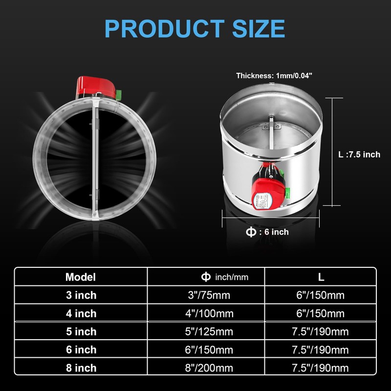 ZOWZEA 6" Motorized Duct Damper,On/Off Backdraft Damper Control, Stainless Steel