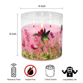 Girimax Large 3 Wick Pink Hummingbird Flameless Candles with Remote, Flickering Floral LED Pillar Candle in Glass Jar Φ 6" H 6"